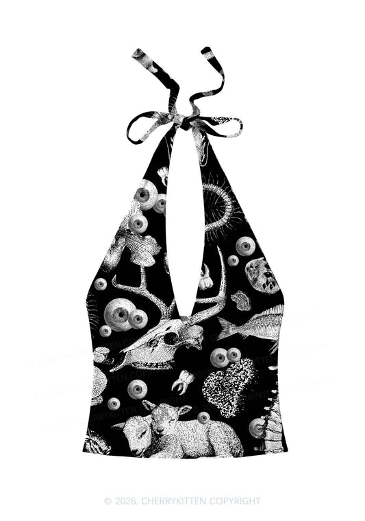 Halloween Dark Sheep Bone Y2K Print Halter Deep V Neck Cami Cherrykitten