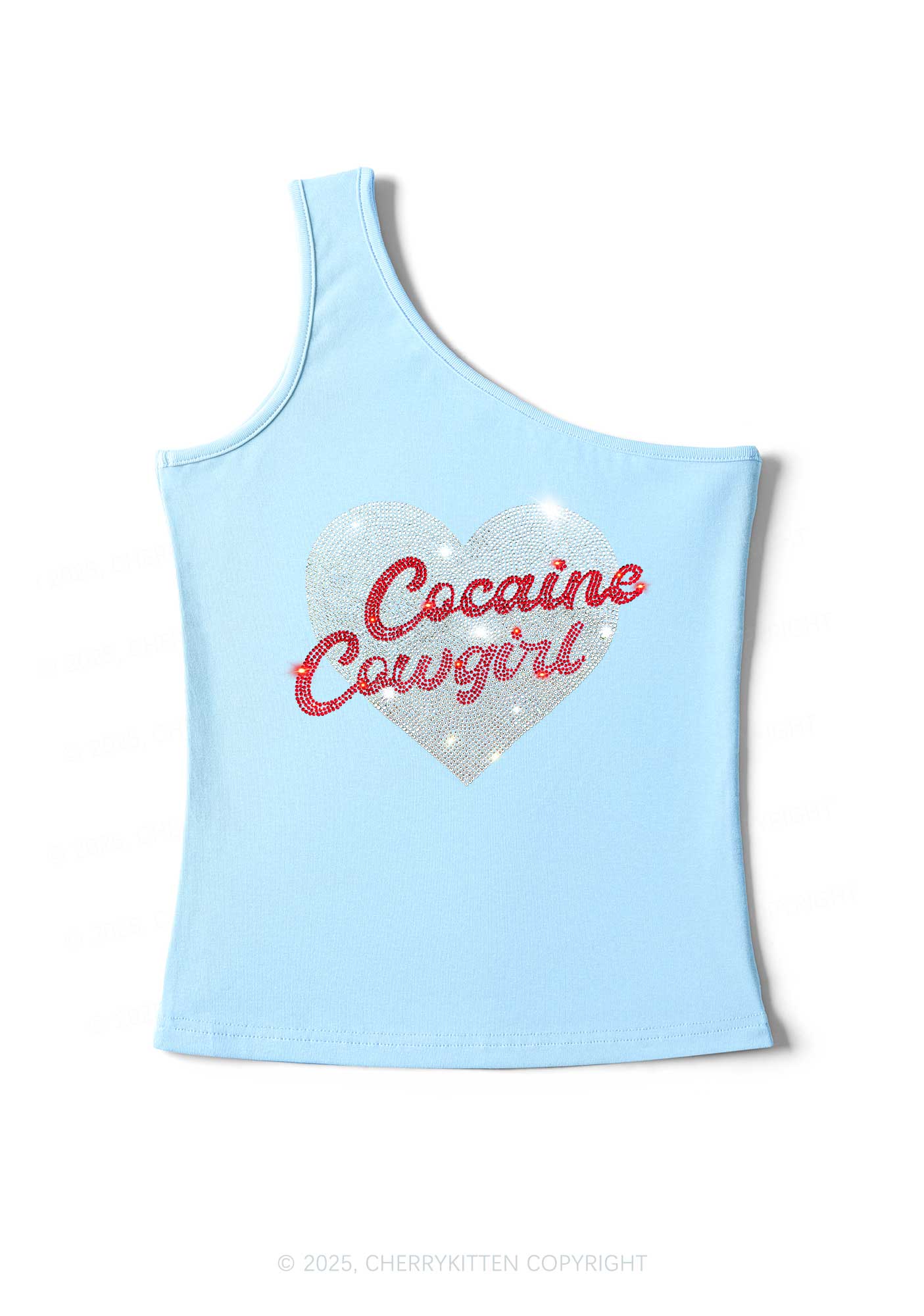 Rhinestone Cola Cowgirl Y2K One Shoulder Tank Top Cherrykitten