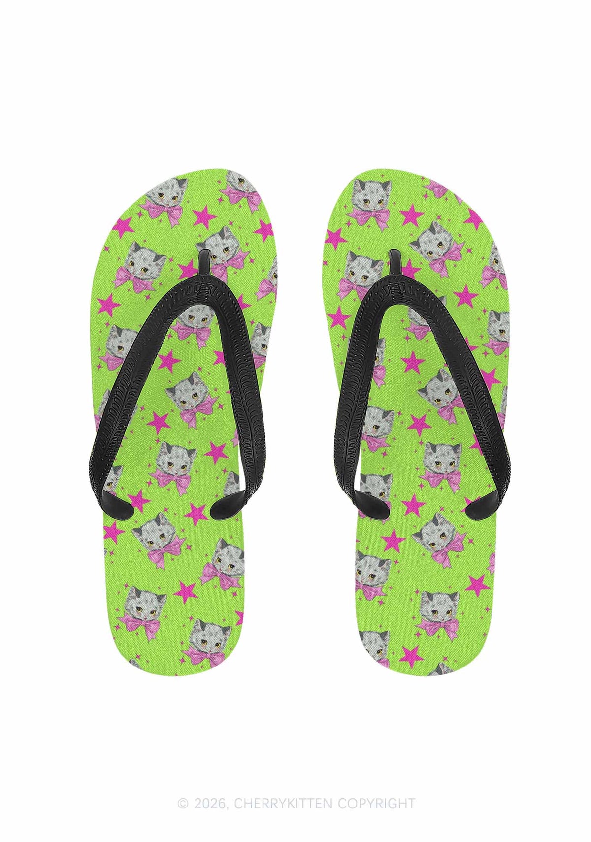 Pink Bow Cats Star Y2K Print Flip Flops Cherrykitten