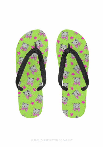 Pink Bow Cats Star Y2K Print Flip Flops Cherrykitten