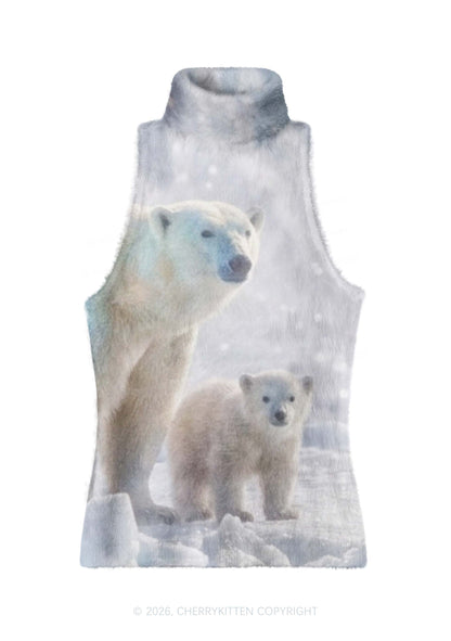 Two Arctic Polar Bear Y2K Knit Turtleneck Tank Top Cherrykitten