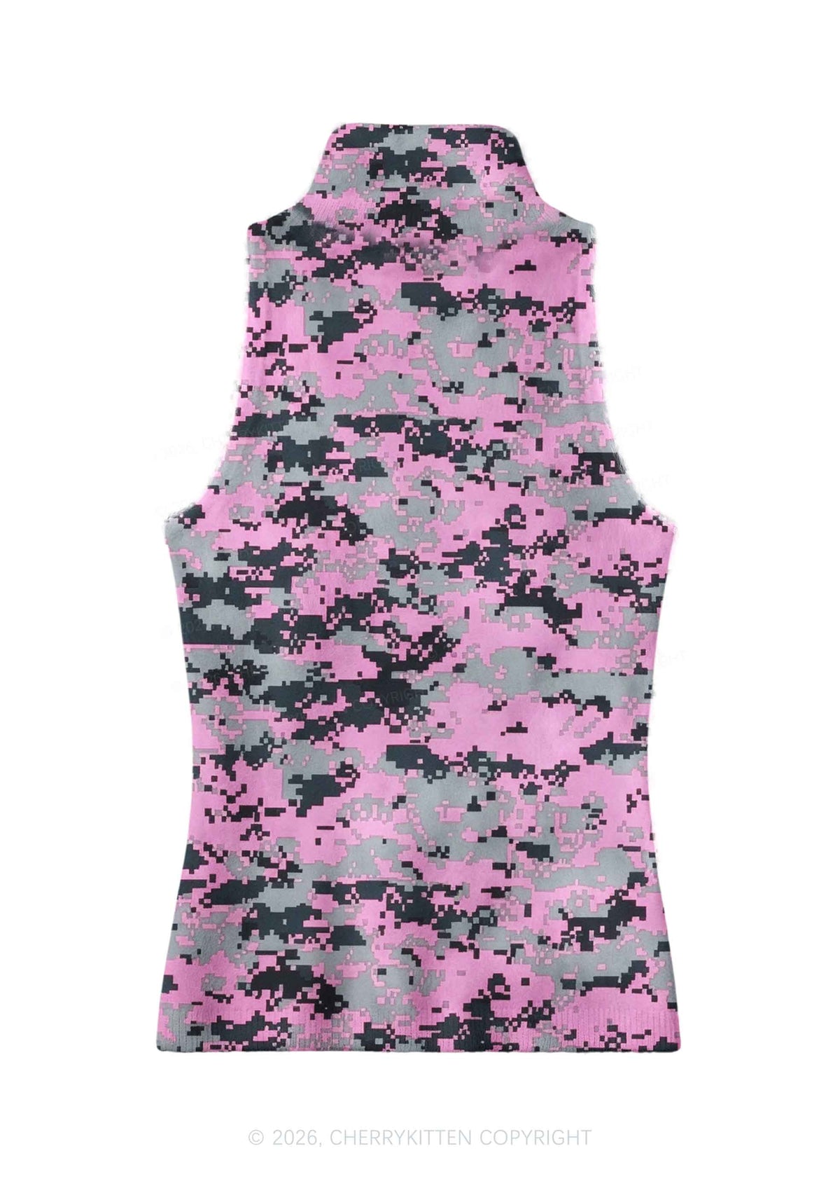 Pink Pixel Camo Y2K Knit Turtleneck Tank Top Cherrykitten