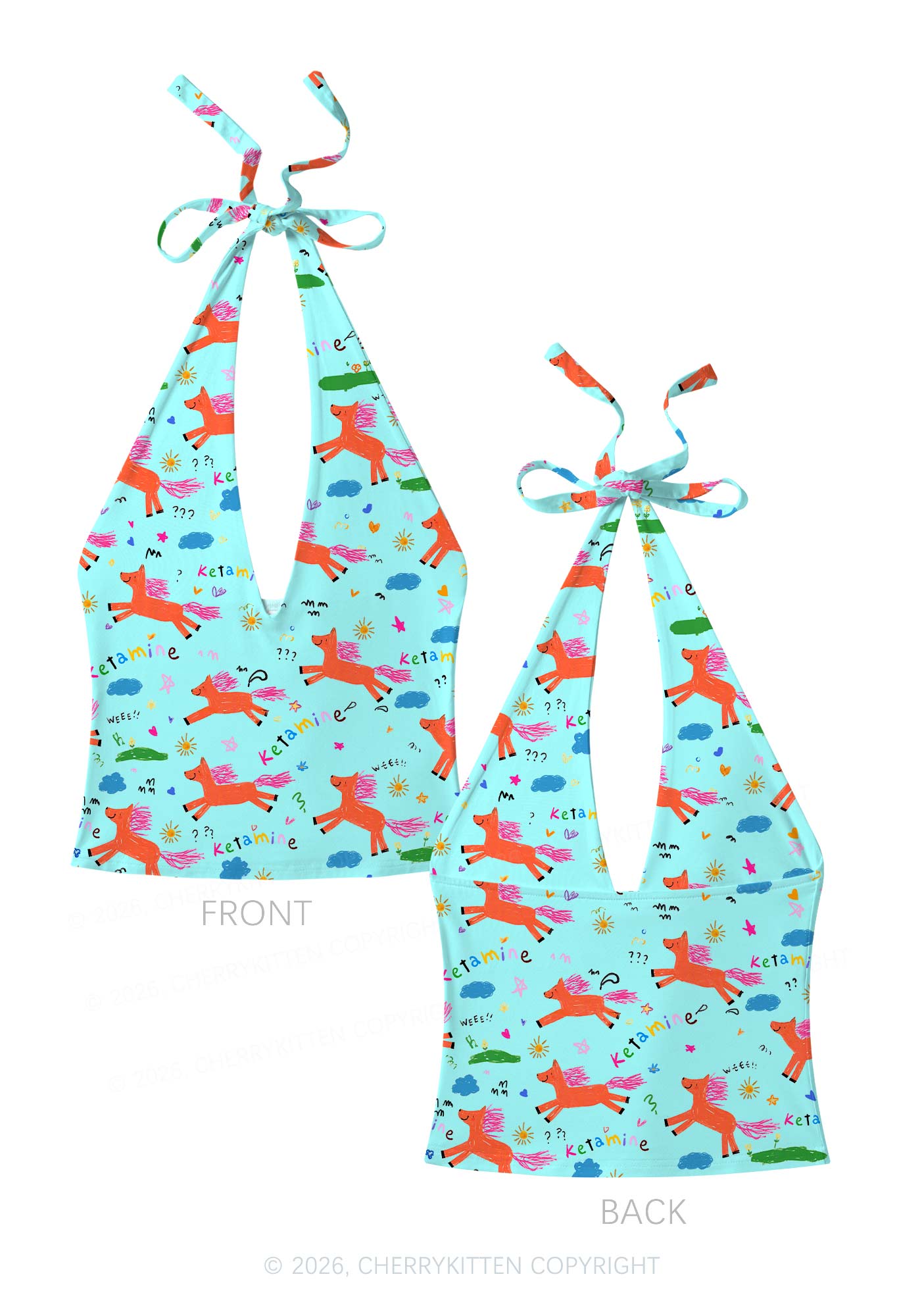 Orange Pony On Mint Green Y2K Print Halter Deep V Neck Cami Cherrykitten