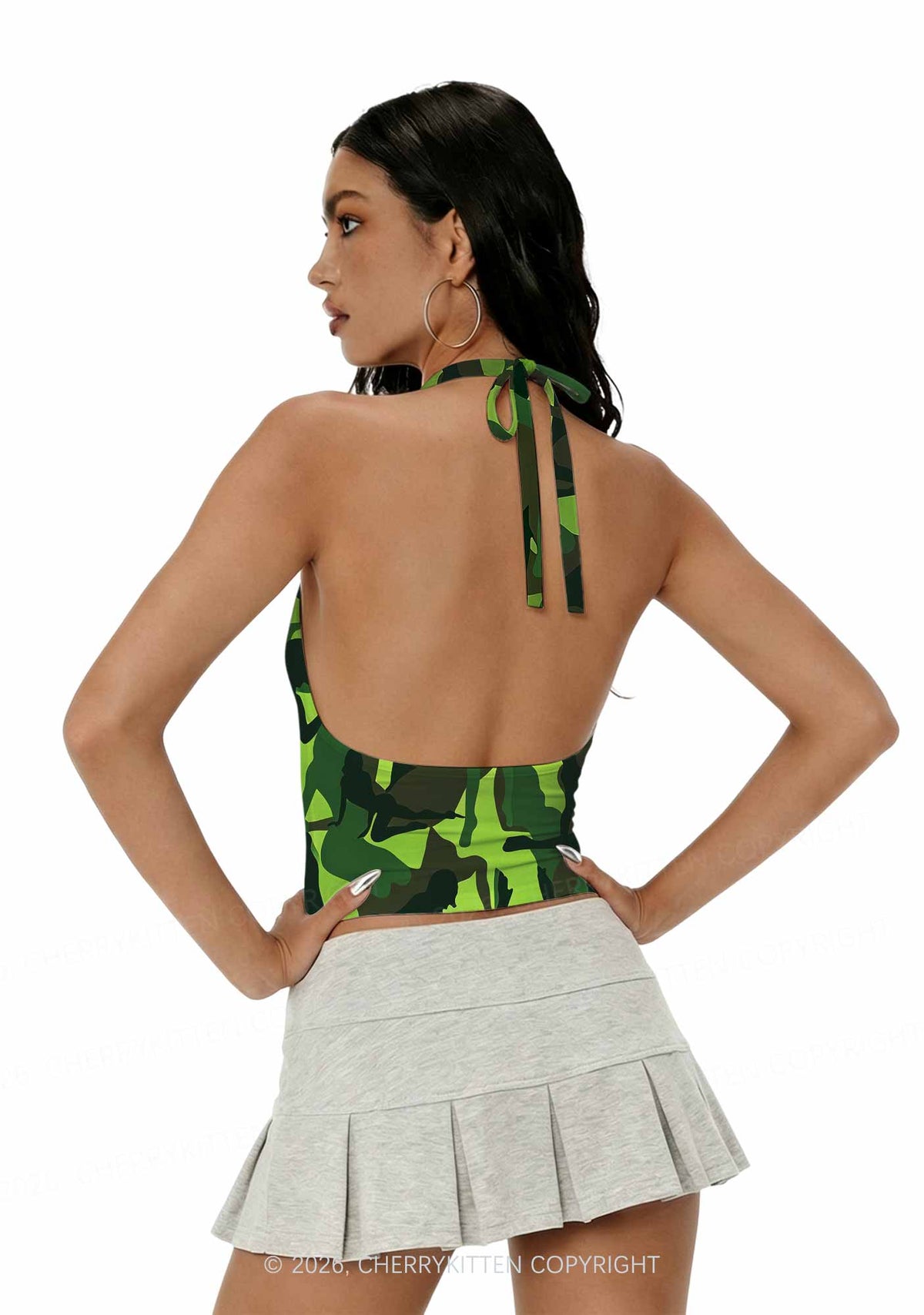 Green Camo Women Figure Y2K Print Halter Deep V Neck Cami Cherrykitten