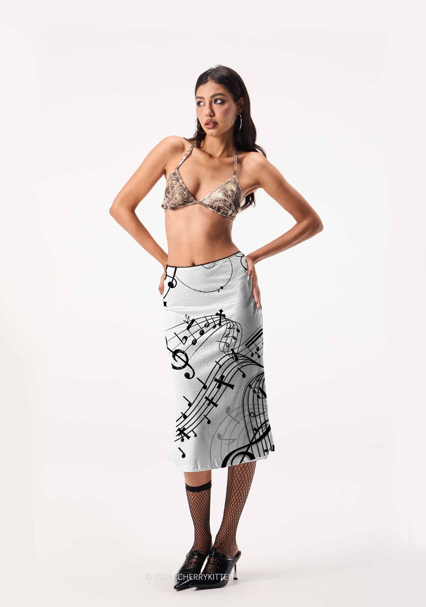 Halloween Gothic Music Note Cross Bat Y2K Print Midi Skirt Cherrykitten