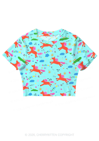 Orange Pony On Mint Green Y2K Mesh Crop Top Cherrykitten