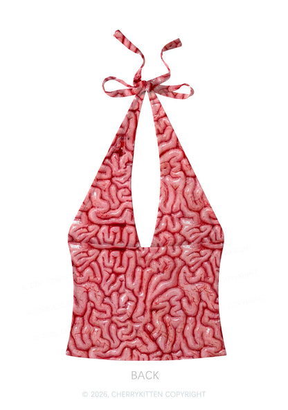 Halloween Fleshy Brain Texture Y2K Print Halter Deep V Neck Cami Cherrykitten