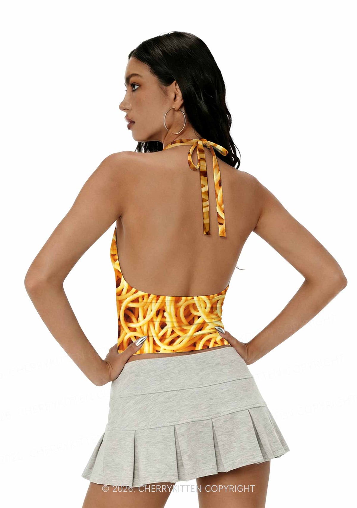 Spaghetti Pasta Y2K Print Halter Deep V Neck Cami Cherrykitten