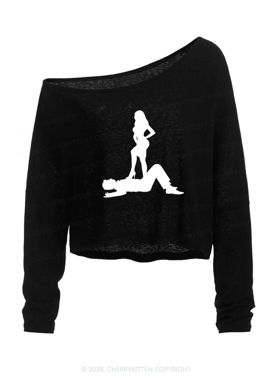 Dominant Lady Silhouette Y2K Off Shoulder Long Sleeve Crop Top Cherrykitten