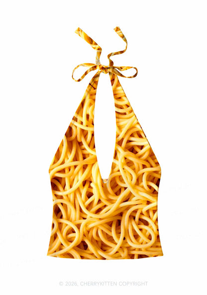 Spaghetti Pasta Y2K Print Halter Deep V Neck Cami Cherrykitten