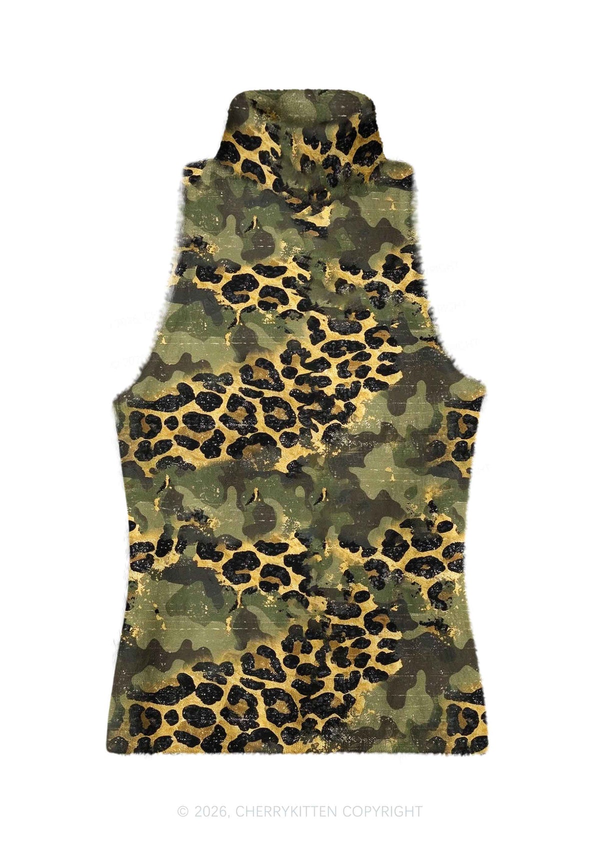 Green Camouflage And Leopard Y2K Knit Turtleneck Tank Top Cherrykitten