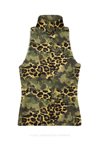 Green Camouflage And Leopard Y2K Knit Turtleneck Tank Top Cherrykitten