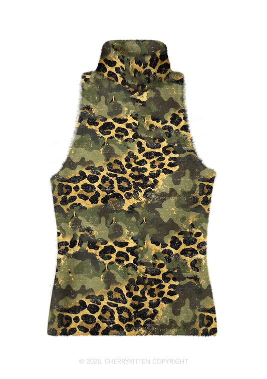 Green Camouflage And Leopard Y2K Knit Turtleneck Tank Top Cherrykitten