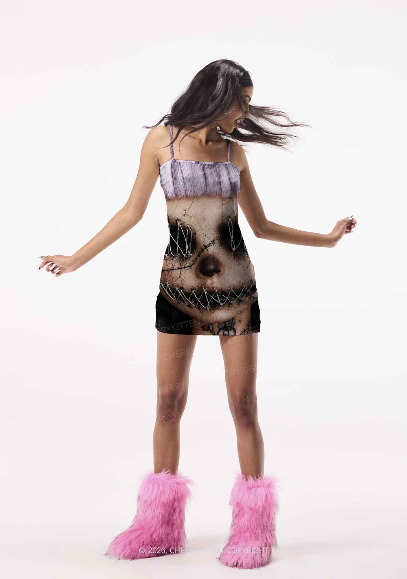Halloween Metal Wire Face Y2K Print Slip Dress Cherrykitten