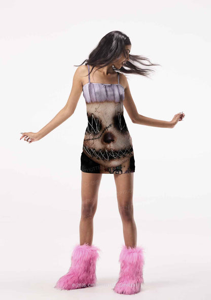 Halloween Metal Wire Face Y2K Print Slip Dress Cherrykitten