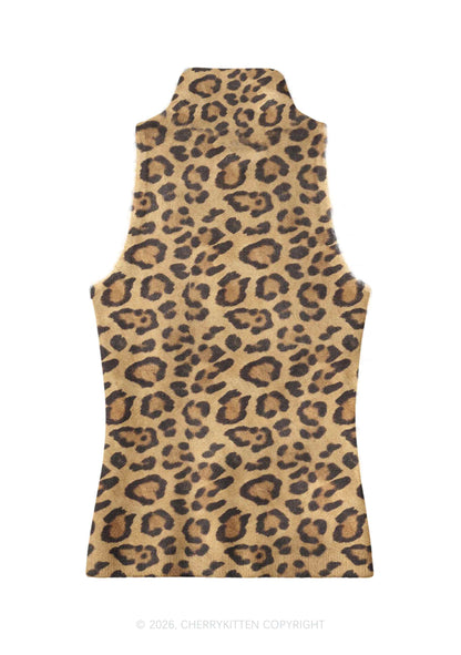 Khaki Leopard Y2K Knit Turtleneck Tank Top Cherrykitten