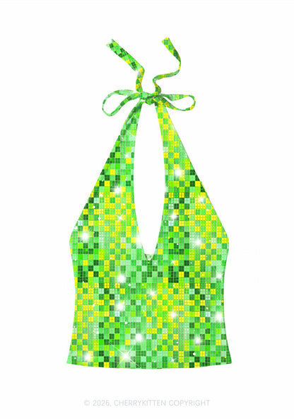 Green Disco Ball Grid Y2K Print Halter Deep V Neck Cami Cherrykitten