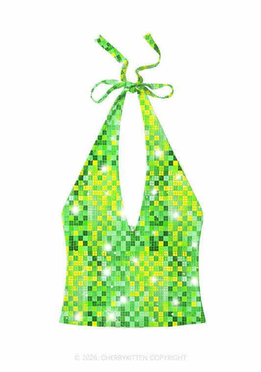 Green Disco Ball Grid Y2K Print Halter Deep V Neck Cami Cherrykitten