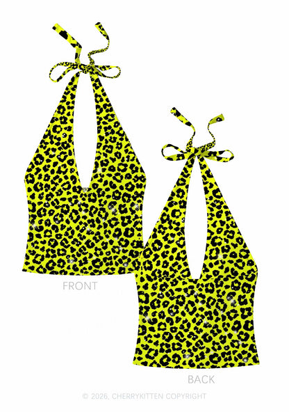 Lime Yellow Leopard Y2K Print Halter Deep V Neck Cami Cherrykitten