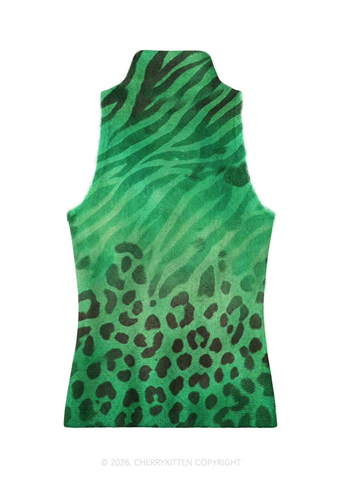 Green Zebra Leopard Y2K Knit Turtleneck Tank Top Cherrykitten