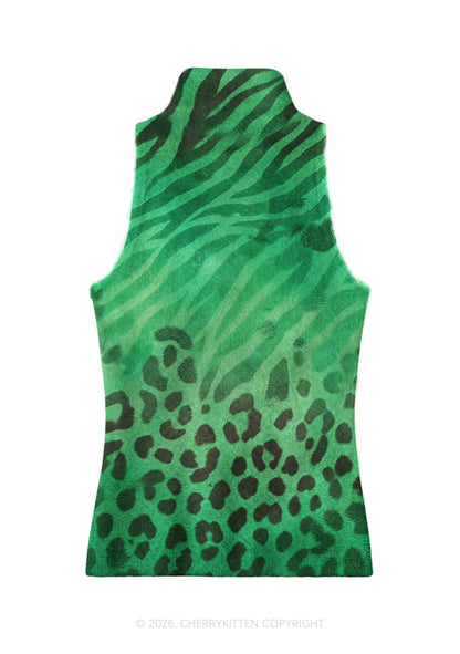 Green Zebra Leopard Y2K Knit Turtleneck Tank Top Cherrykitten