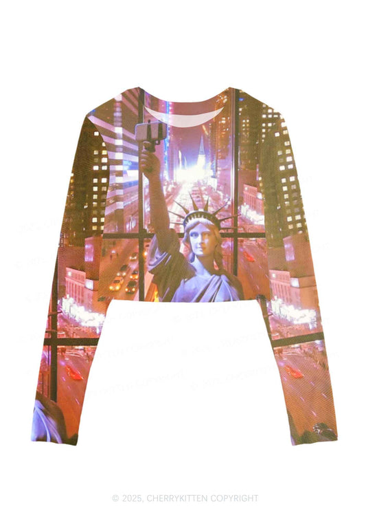 Statue Of Liberty Y2K Mesh Long Sleeve Crop Top Cherrykitten