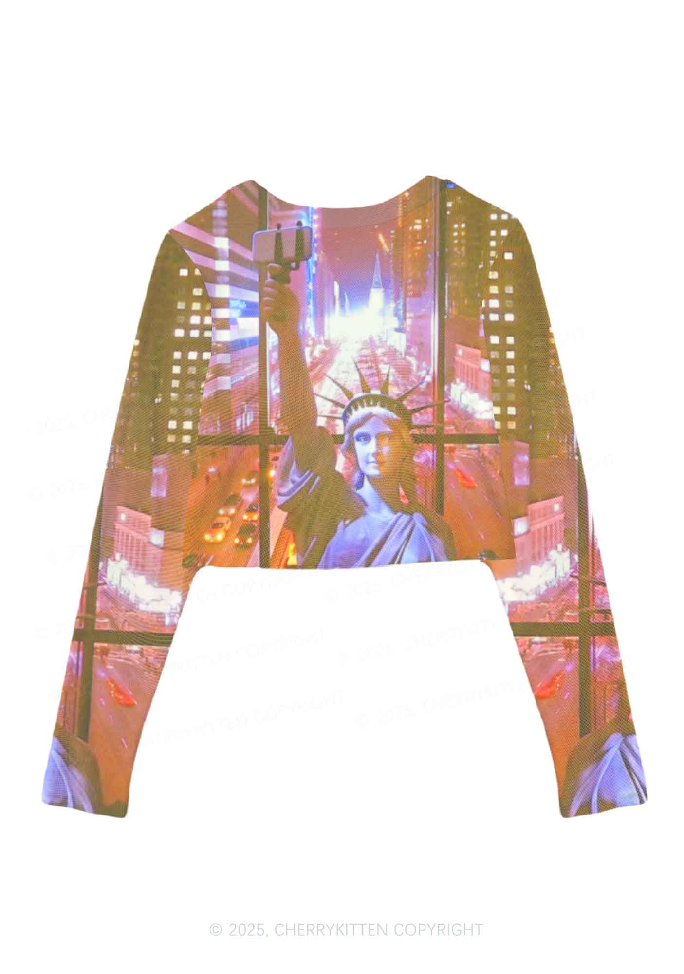 Statue Of Liberty Y2K Mesh Long Sleeve Crop Top Cherrykitten