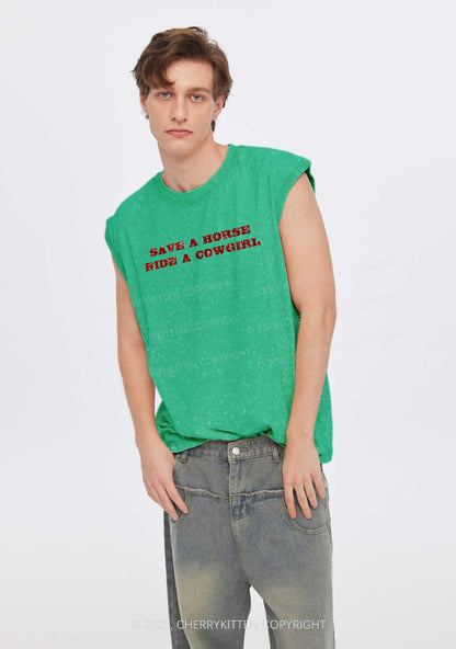 Glitter Save A Horse Ride A Cowgirl Y2K Washed Muscle Tank Cherrykitten