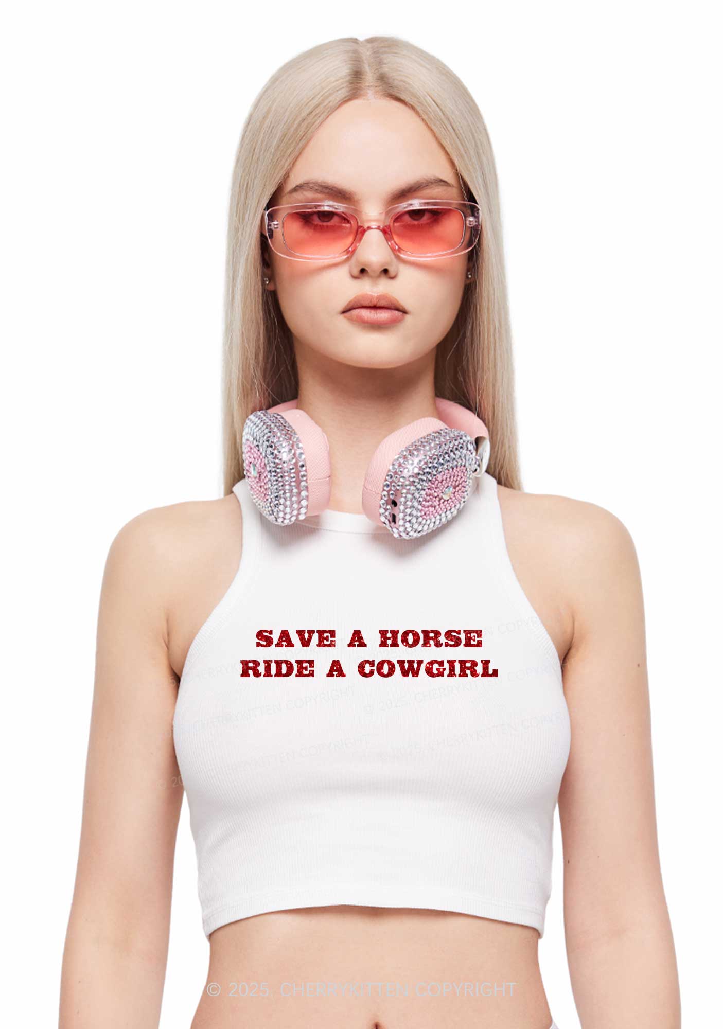 Glitter Save A Horse Ride A Cowgirl Y2K Crop Tank Top Cherrykitten