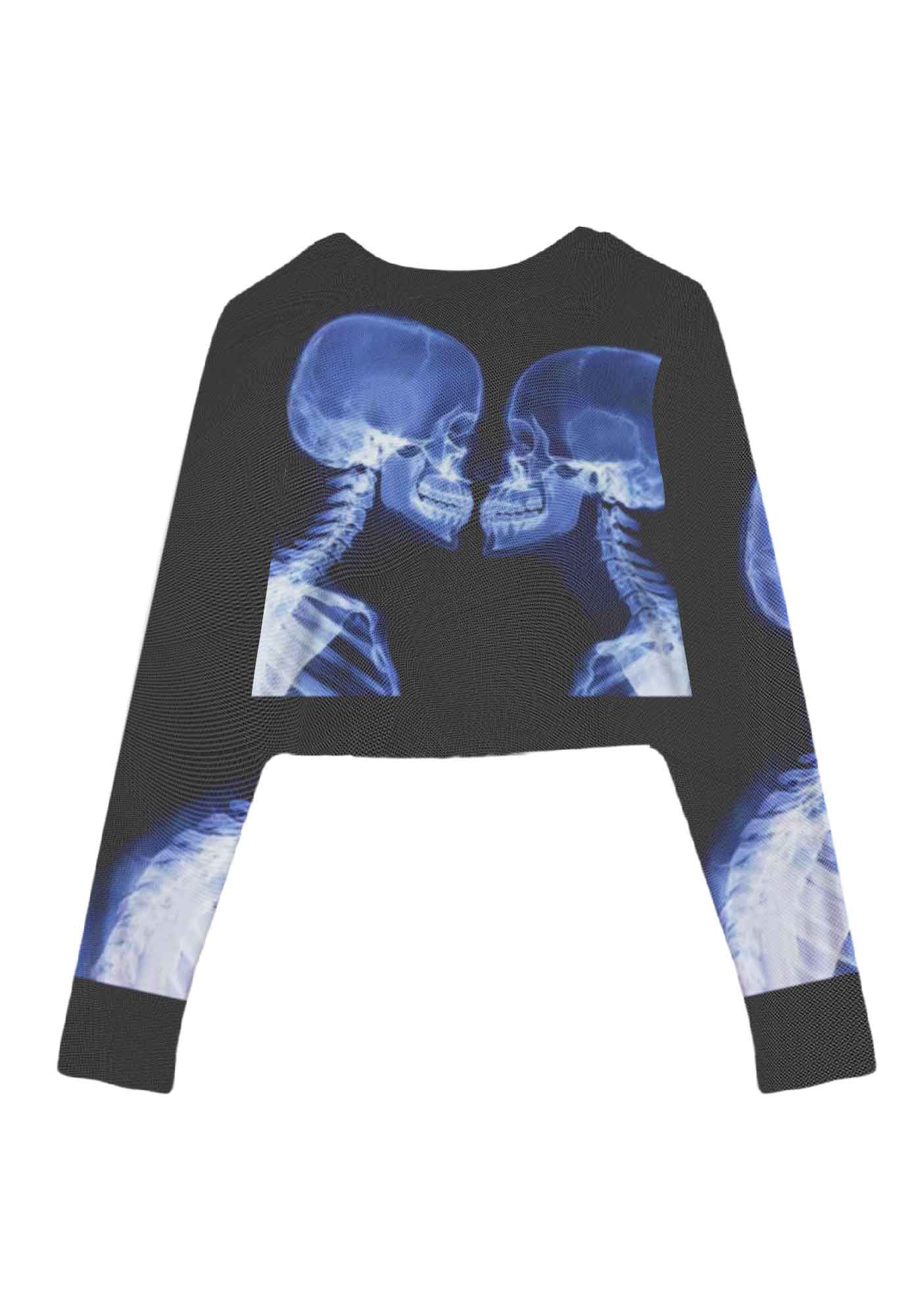 X Ray Skull Kiss Y2K Mesh Long Sleeve Crop Top Cherrykitten