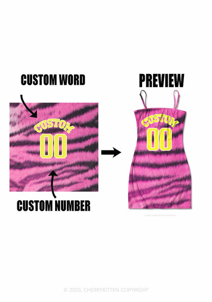 Pink Tiger Stripe Custom Text Y2K Print Slip Dress Cherrykitten