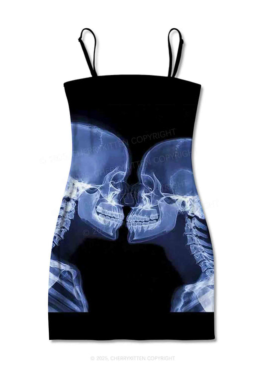X Ray Skull Kiss Y2K Print Slip Dress Cherrykitten