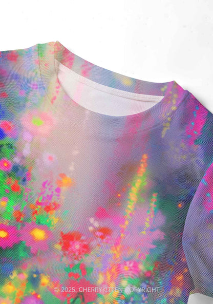 Colorful Daisies Y2K Mesh Crop Top Cherrykitten