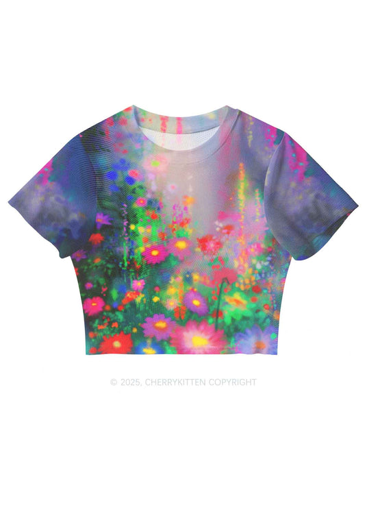 Colorful Daisies Y2K Mesh Crop Top Cherrykitten