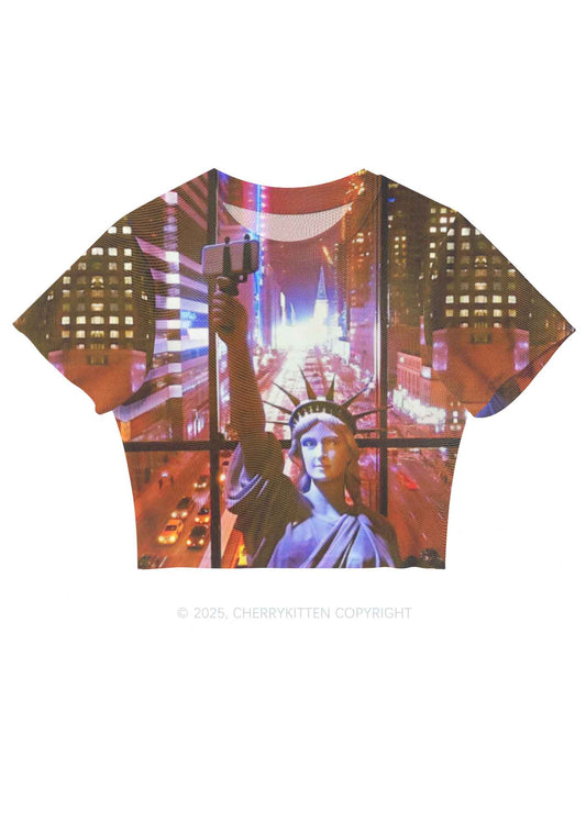 Statue Of Liberty Y2K Mesh Crop Top Cherrykitten