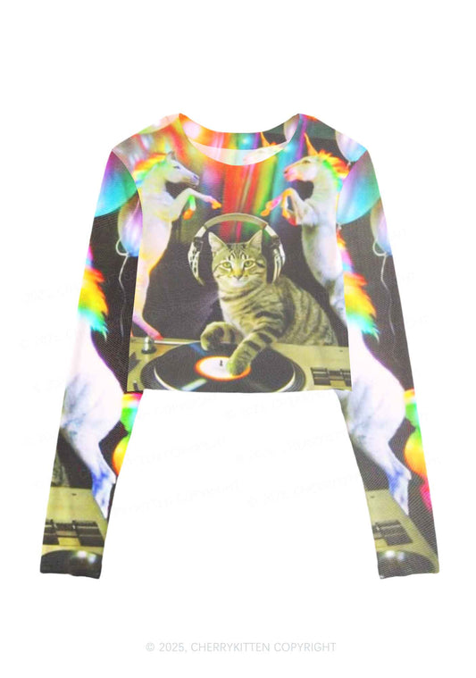 DJ Cat Unicorn Y2K Mesh Long Sleeve Crop Top Cherrykitten