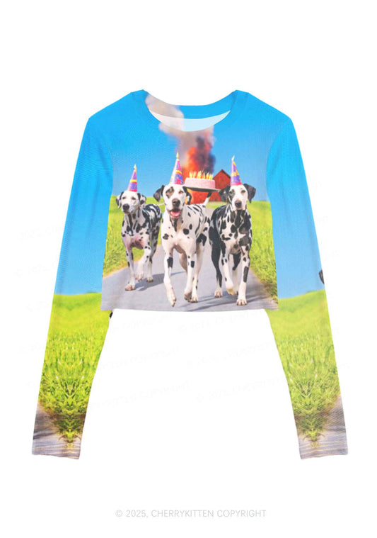Dogs Birthday Party Y2K Mesh Long Sleeve Crop Top Cherrykitten