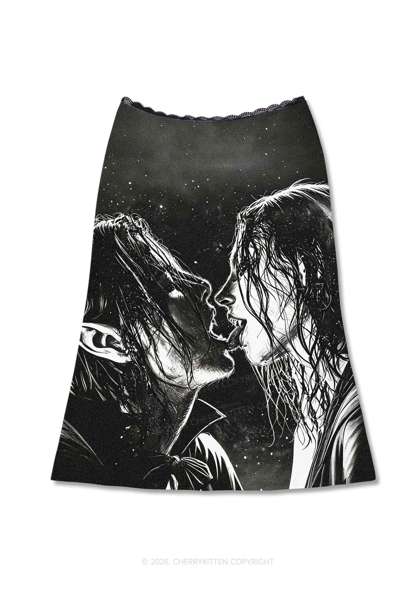 Halloween Two Vampire Figures Y2K Print Midi Skirt Cherrykitten