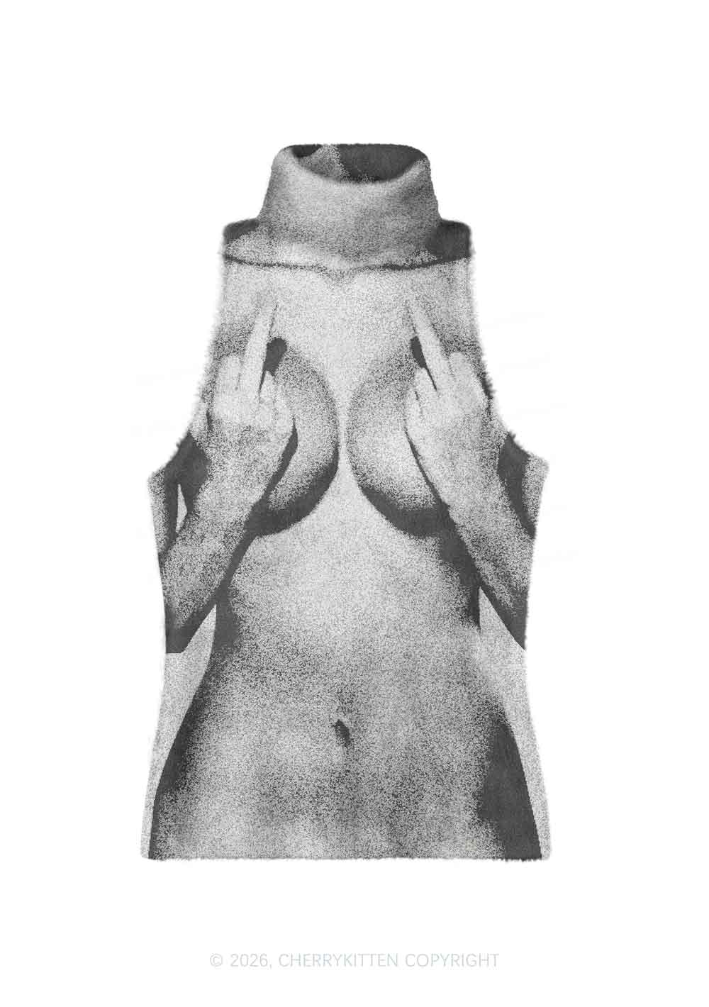 Middle Finger Bxxbs Y2K Knit Turtleneck Tank Top Cherrykitten