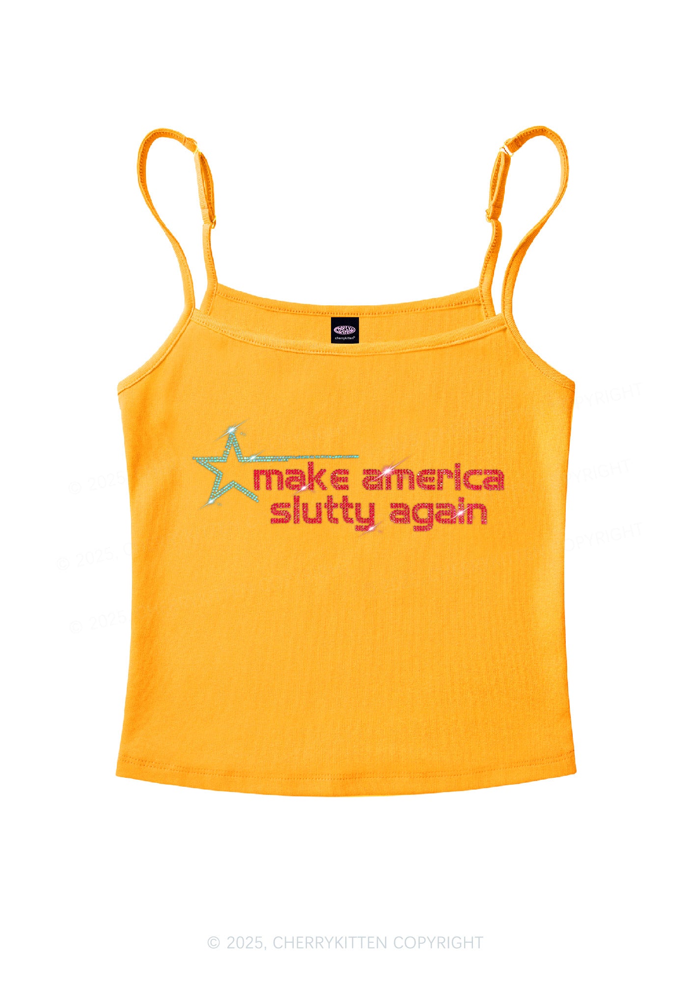 Rhinestone Make America Slxtty Again Y2K Spaghetti Strap Cami Cherrykitten