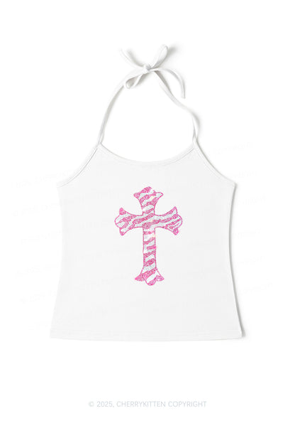 Rhinestone Pink Cross Y2K Halter Neck Cami Cherrykitten