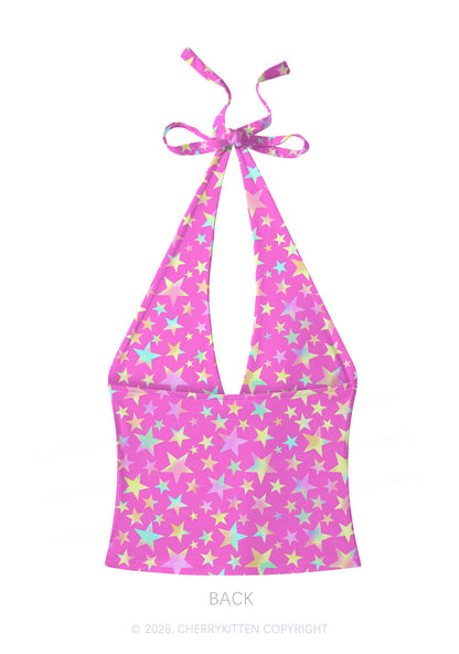 Hot Pink Alpha Male Pride Y2K Print Halter Deep V Neck Cami Cherrykitten