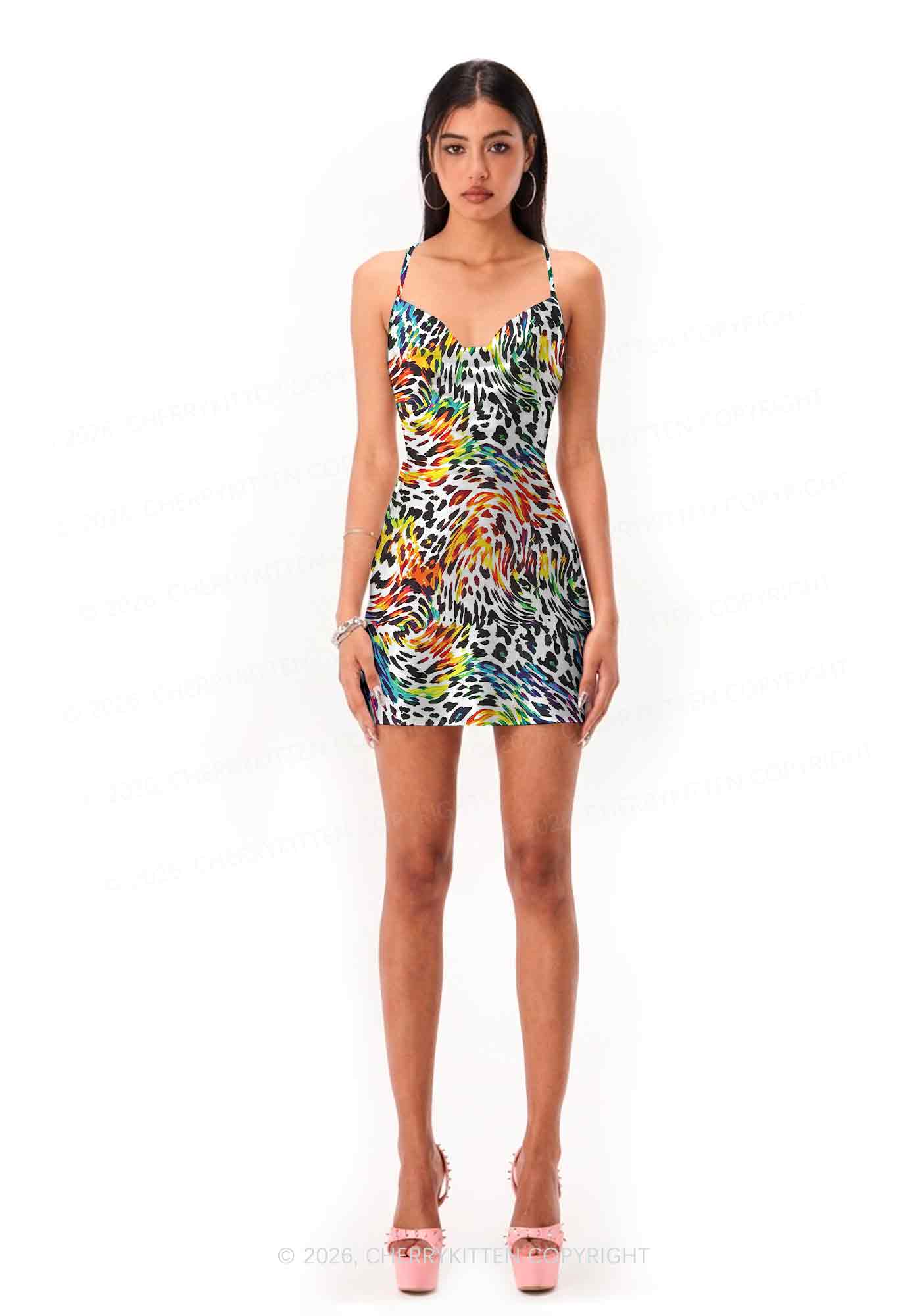 Rainbow Leopard Pride Y2K Print Satin Cowl Neck Slip Dress Cherrykitten