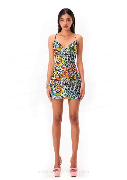 Rainbow Leopard Pride Y2K Print Satin Cowl Neck Slip Dress Cherrykitten