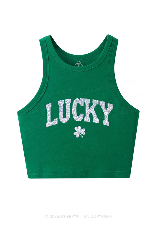 Glitter Lucky Shamrock St Patricks Y2K Crop Tank Top Cherrykitten