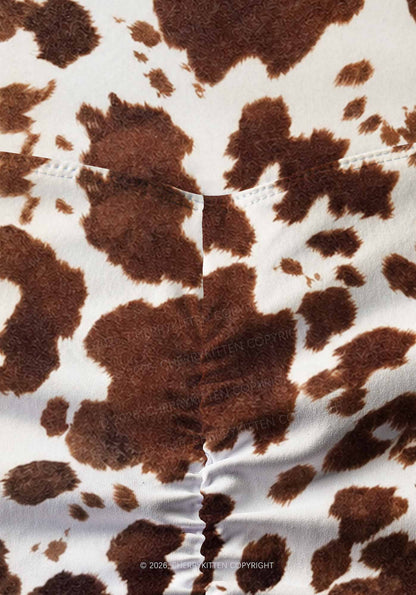 Brown And White Cow Dots Y2K Print Gym Shorts Cherrykitten