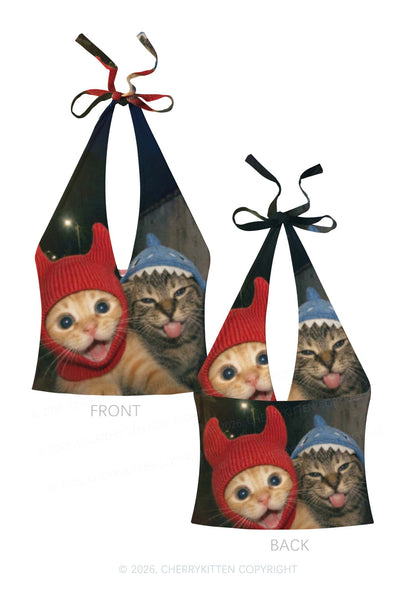 Halloween Devil Shark Hat Cat Y2K Print Halter Deep V Neck Cami Cherrykitten