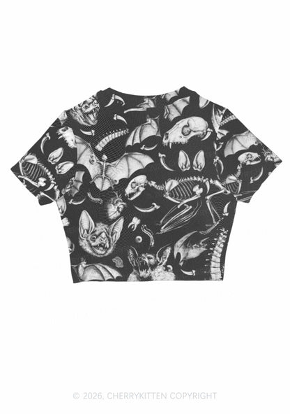 Halloween Goth Animal Bone Skull Y2K Mesh Crop Top Cherrykitten