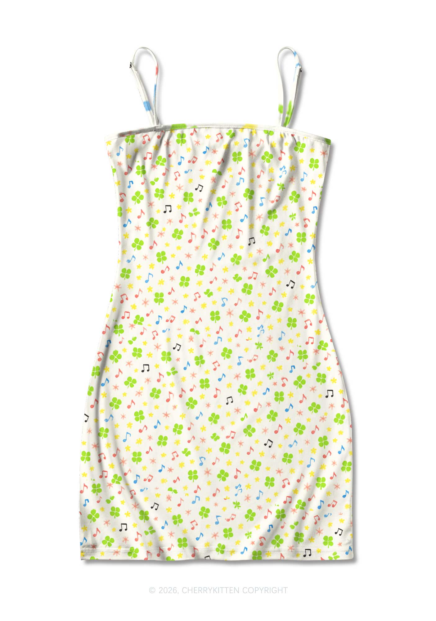 Music Notes Clover Stars St Patricks Y2K Print Slip Dress Cherrykitten