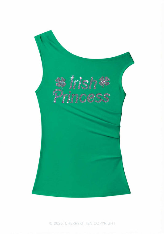 Rhinestone Irish Princess St Patricks Y2K Off Shoulder Tank Top Cherrykitten